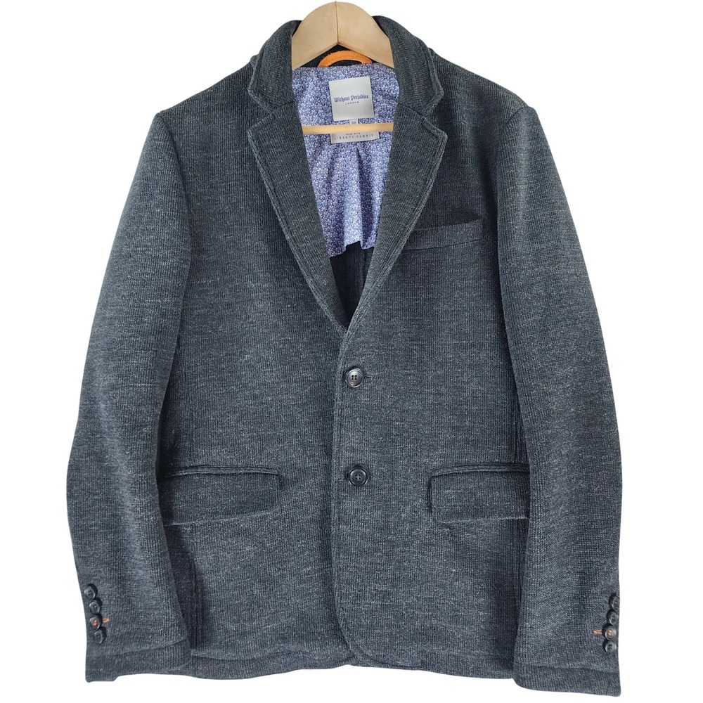 Without Prejudice London Men 38 Wool Knit Blazer Liberty Fabric Gray half lined